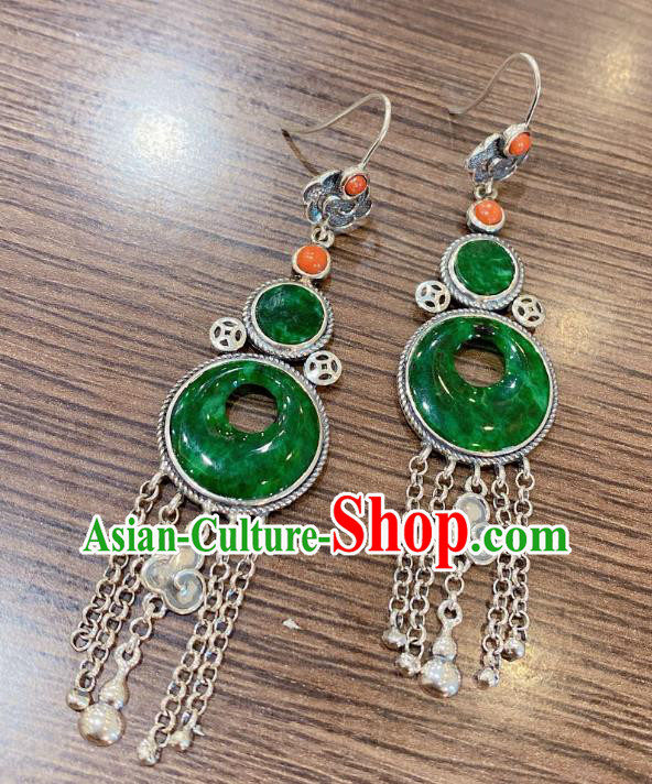 China Classical Jadeite Earrings Traditional Handmade Silver Tassel Ear Accessories