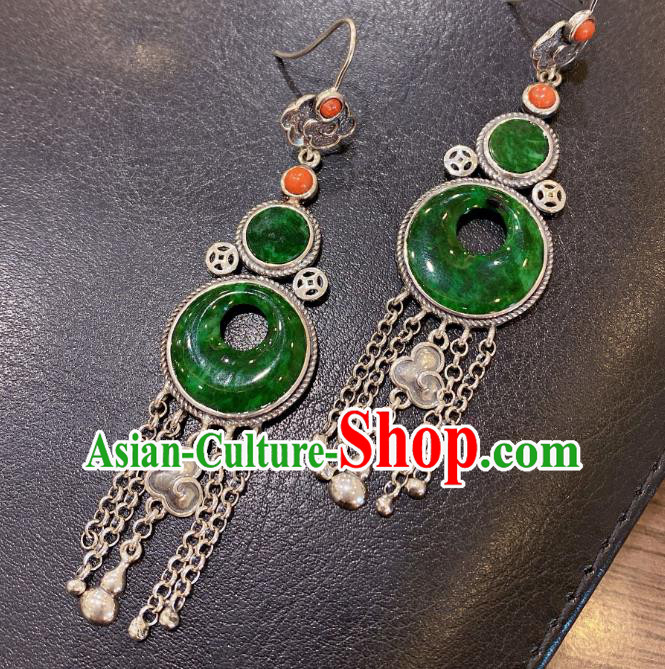 China Classical Jadeite Earrings Traditional Handmade Silver Tassel Ear Accessories