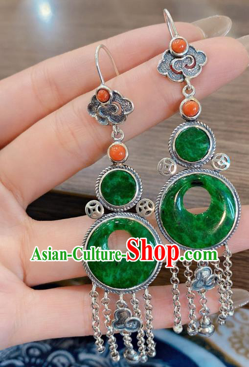 China Classical Jadeite Earrings Traditional Handmade Silver Tassel Ear Accessories