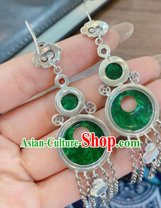China Classical Jadeite Earrings Traditional Handmade Silver Tassel Ear Accessories
