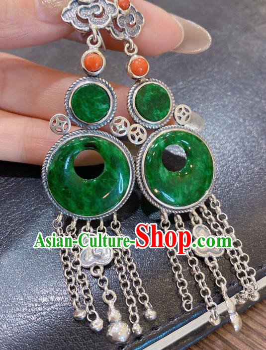 China Classical Jadeite Earrings Traditional Handmade Silver Tassel Ear Accessories