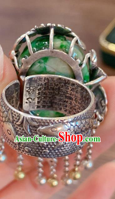 Chinese National Jewelry Jadeite Carving Plum Circlet Handmade Silver Tassel Finger Ring