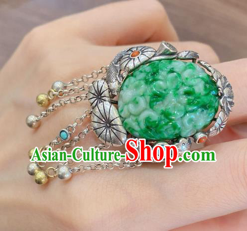 Chinese National Jewelry Jadeite Carving Plum Circlet Handmade Silver Tassel Finger Ring