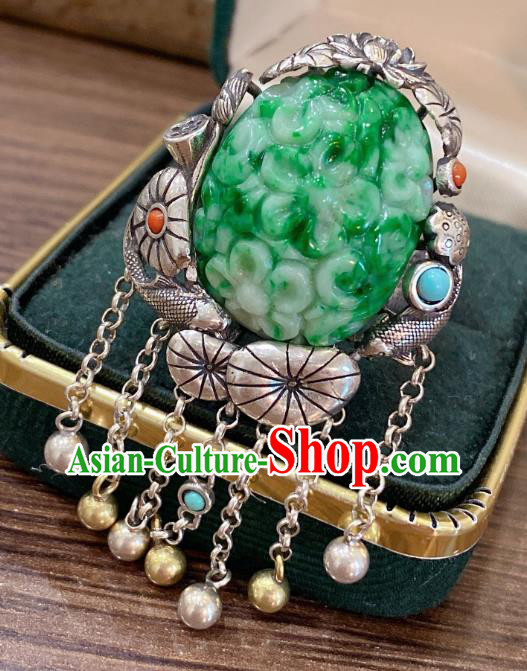 Chinese National Jewelry Jadeite Carving Plum Circlet Handmade Silver Tassel Finger Ring