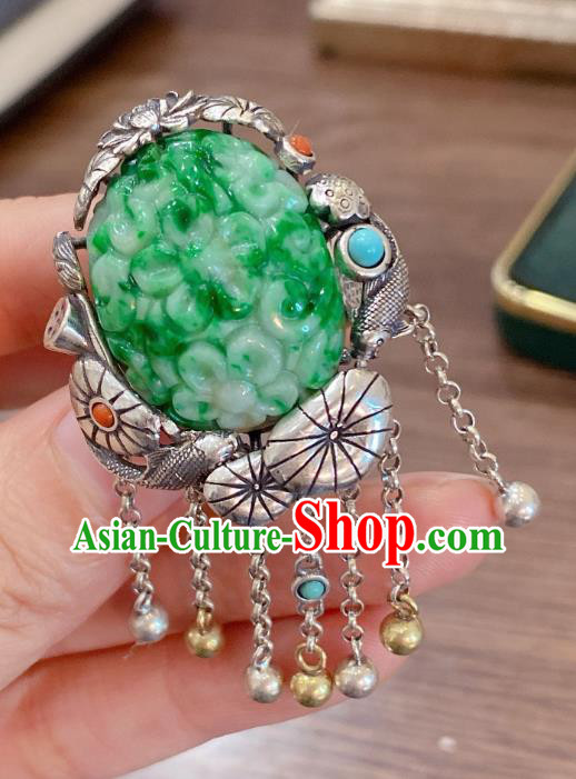Chinese National Jewelry Jadeite Carving Plum Circlet Handmade Silver Tassel Finger Ring