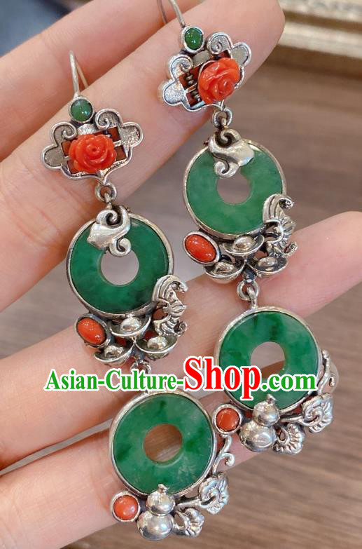China Classical Agate Rose Earrings Traditional Handmade Jadeite Peace Buckle Ear Accessories