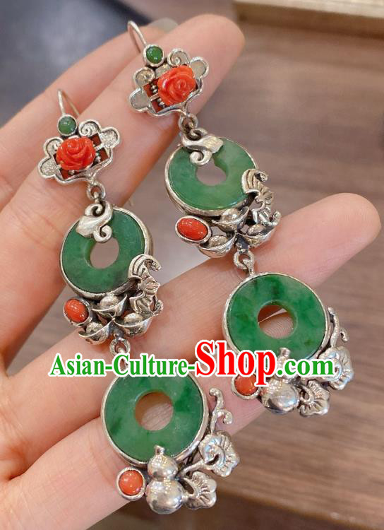 China Classical Agate Rose Earrings Traditional Handmade Jadeite Peace Buckle Ear Accessories