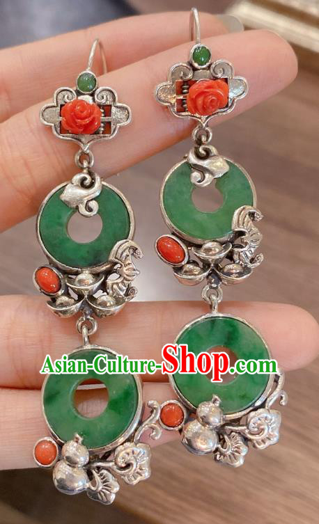 China Classical Agate Rose Earrings Traditional Handmade Jadeite Peace Buckle Ear Accessories