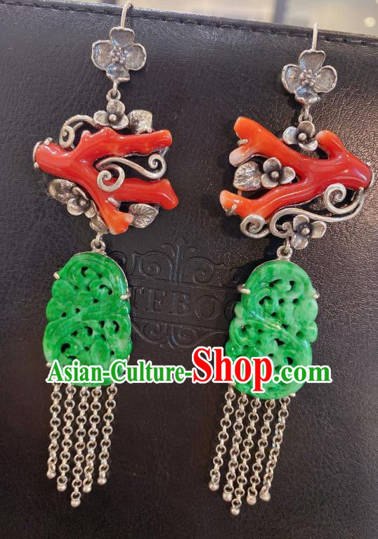 China Classical Red Branch Earrings Traditional Handmade Jade Carving Silver Tassel Ear Accessories