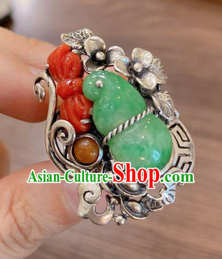 Chinese National Silver Jewelry Jadeite Gourd Circlet Handmade Agate Butterfly Finger Ring