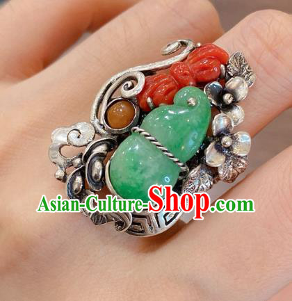 Chinese National Silver Jewelry Jadeite Gourd Circlet Handmade Agate Butterfly Finger Ring