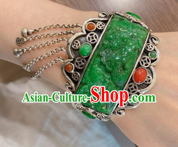 Handmade Chinese Traditional Silver Tassel Bangle Accessories National Jadeite Bracelet