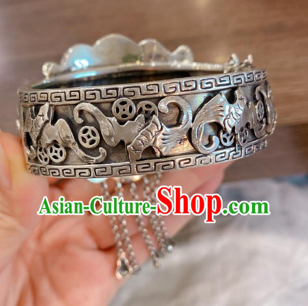 Handmade Chinese Traditional Silver Tassel Bangle Accessories National Jadeite Bracelet