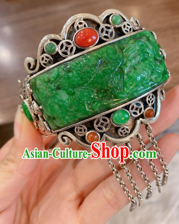 Handmade Chinese Traditional Silver Tassel Bangle Accessories National Jadeite Bracelet