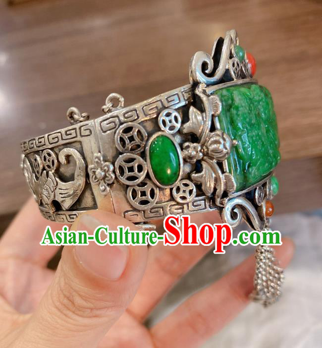 Handmade Chinese Traditional Silver Tassel Bangle Accessories National Jadeite Bracelet