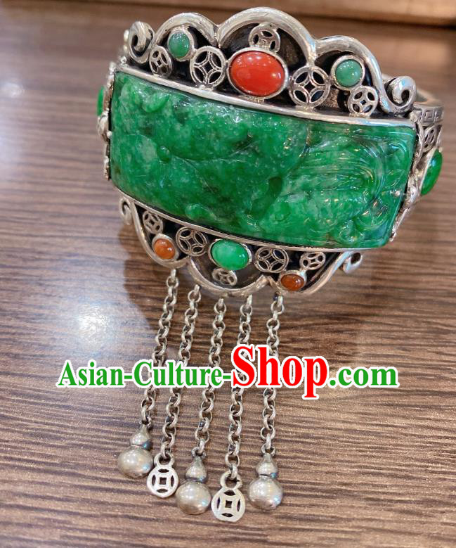 Handmade Chinese Traditional Silver Tassel Bangle Accessories National Jadeite Bracelet