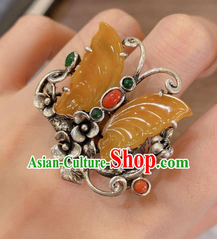 Chinese Handmade Circlet Agate Butterfly Finger Ring National Silver Jewelry