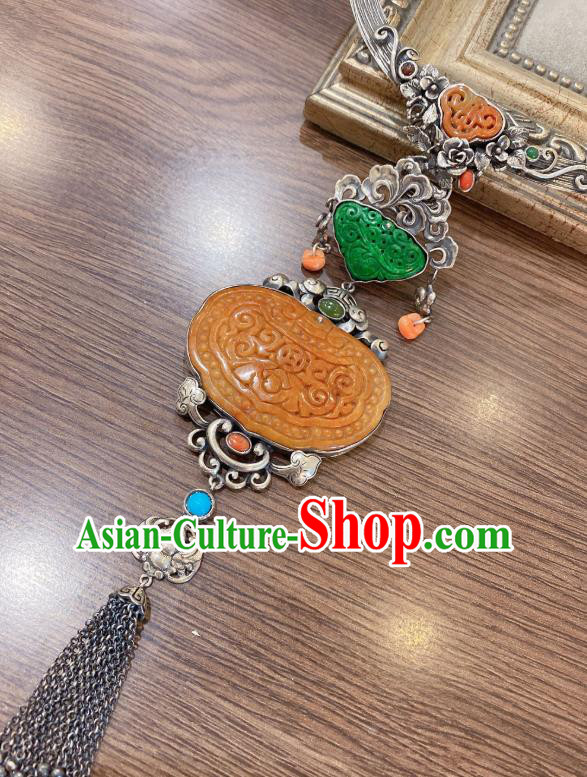 Handmade Chinese Traditional Wedding Jade Accessories National Silver Necklace Pendant