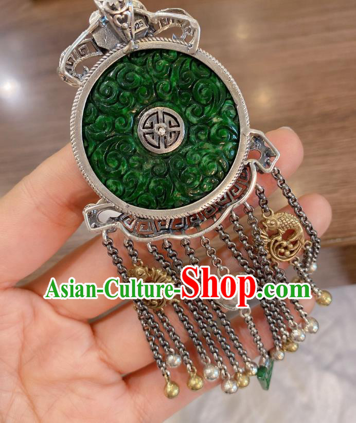 Handmade Chinese Traditional Jadeite Accessories National Silver Tassel Necklace Pendant