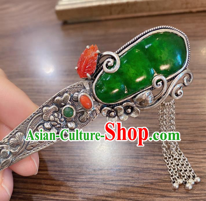 China Classical Silver Hair Stick Traditional Handmade Hairpin Jadeite Hair Accessories