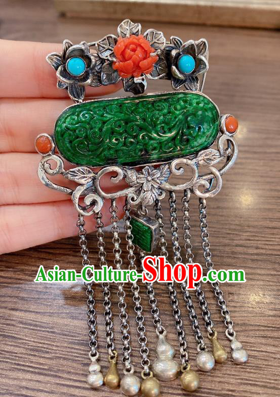 Handmade Chinese Traditional Agate Peony Necklace Accessories National Silver Tassel Jade Necklet Pendant