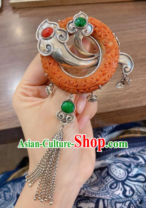 Handmade Chinese Traditional Silver Tassel Necklace Accessories National Jade Carving Necklet Pendant