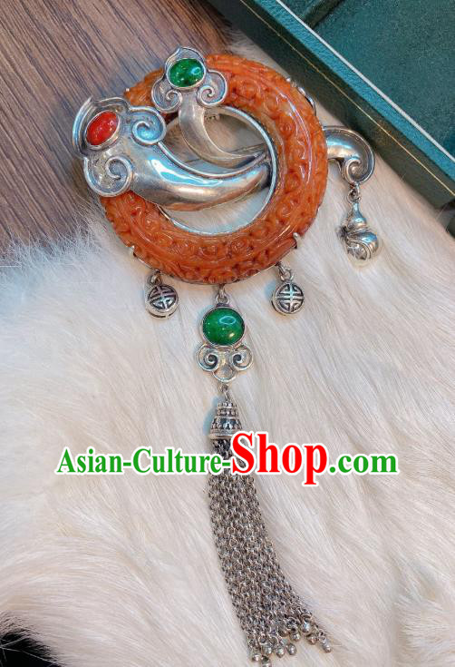 Handmade Chinese Traditional Silver Tassel Necklace Accessories National Jade Carving Necklet Pendant