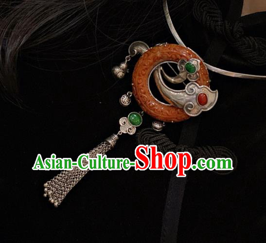 Handmade Chinese Traditional Silver Tassel Necklace Accessories National Jade Carving Necklet Pendant