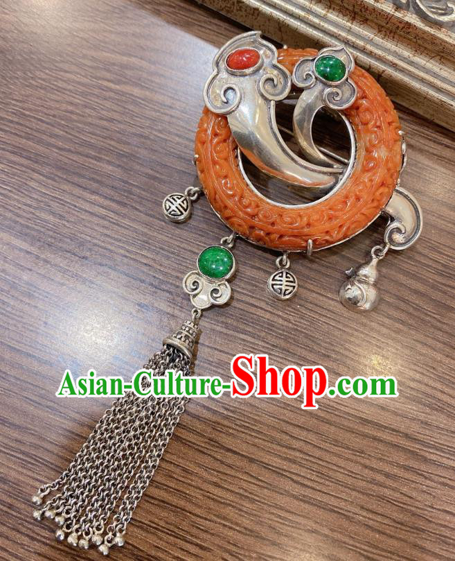 Handmade Chinese Traditional Silver Tassel Necklace Accessories National Jade Carving Necklet Pendant