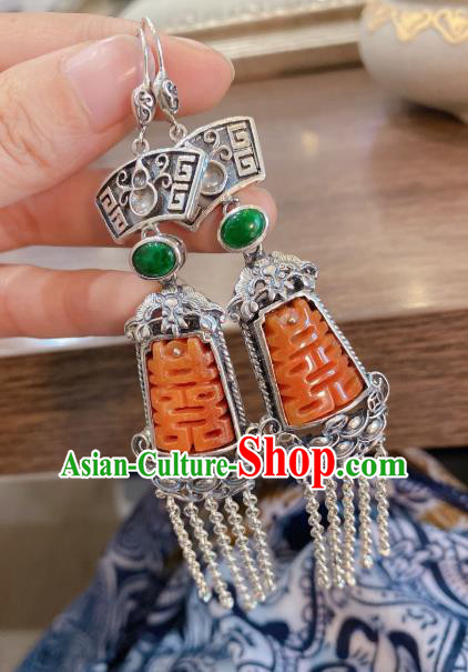 China Classical Silver Tassel Earrings Traditional Handmade Wedding Agate Ear Accessories
