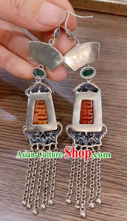 China Classical Silver Tassel Earrings Traditional Handmade Wedding Agate Ear Accessories
