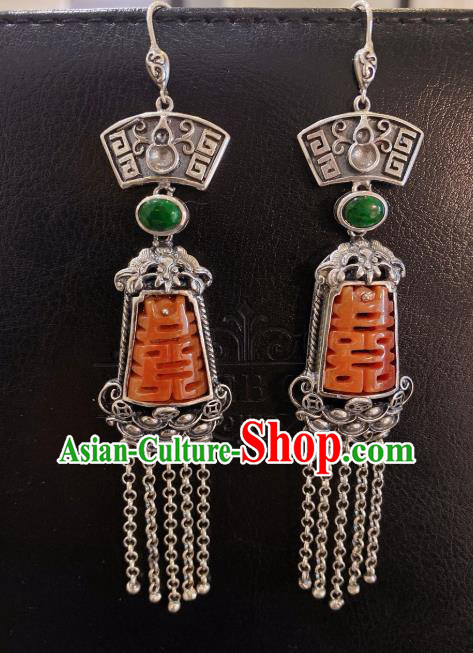 China Classical Silver Tassel Earrings Traditional Handmade Wedding Agate Ear Accessories