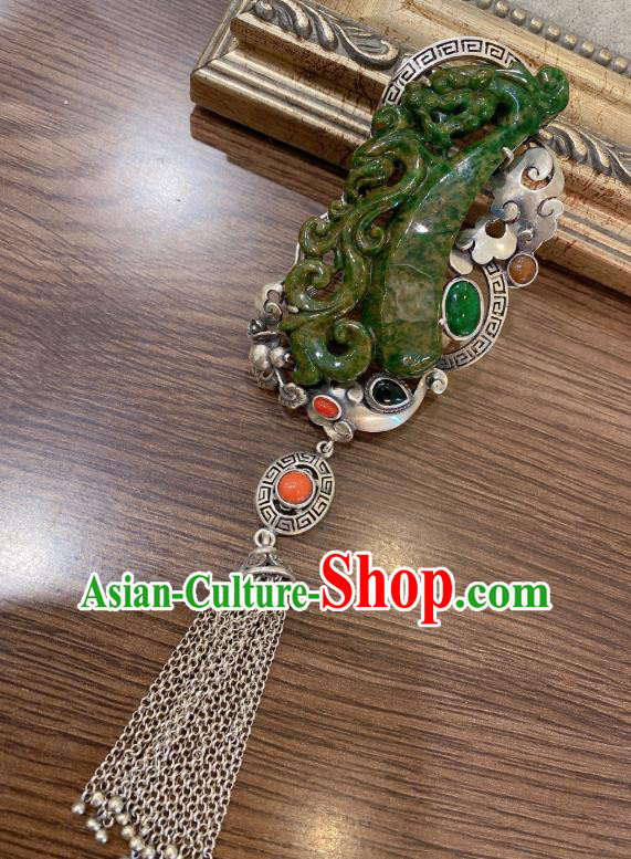 Handmade Chinese Traditional Silver Tassel Necklet Accessories National Jadeite Necklace Pendant