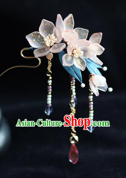 China Traditional Ming Dynasty Tassel Hairpin Classical Pink Flowers Hair Stick