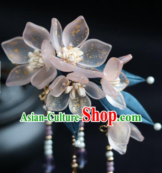 China Traditional Ming Dynasty Tassel Hairpin Classical Pink Flowers Hair Stick