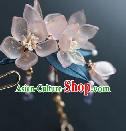 China Traditional Ming Dynasty Tassel Hairpin Classical Pink Flowers Hair Stick