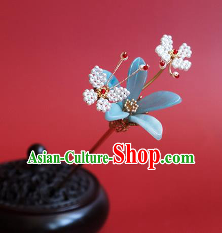 China Classical Hanfu Beads Butterfly Hair Stick Traditional Ming Dynasty Princess Blue Flower Hairpin