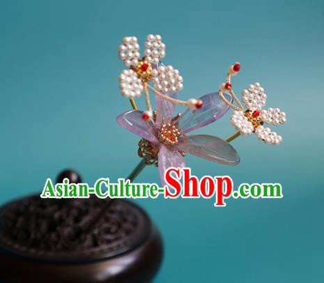 China Traditional Ming Dynasty Princess Lilac Flower Hairpin Classical Hanfu Beads Butterfly Hair Stick