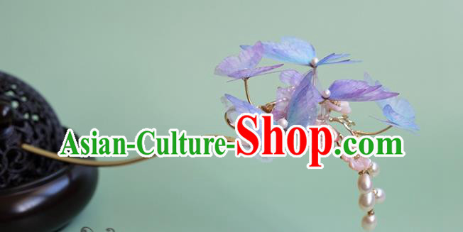 China Traditional Ming Dynasty Princess Hair Accessories Handmade Lilac Silk Butterfly Hairpin