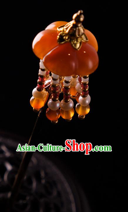 China Handmade Pearls Tassel Hairpin Traditional Ming Dynasty Princess Agate Hair Stick
