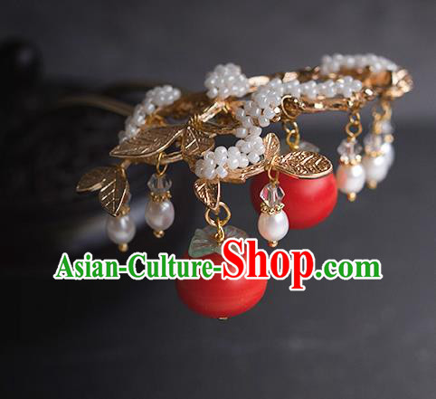 China Handmade New Year Hairpin Traditional Ming Dynasty Princess Red Persimmon Hair Stick
