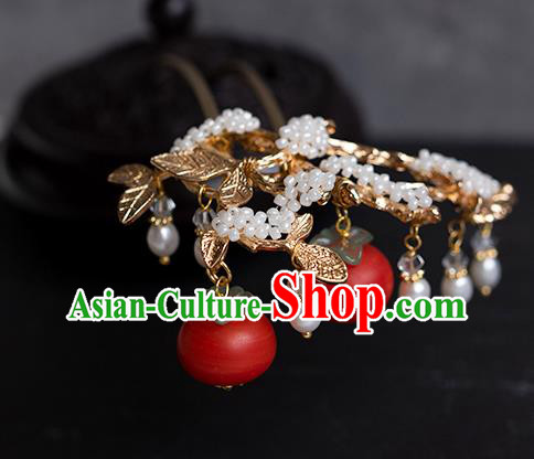 China Handmade New Year Hairpin Traditional Ming Dynasty Princess Red Persimmon Hair Stick