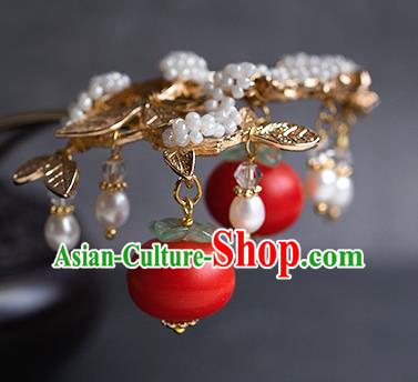 China Handmade New Year Hairpin Traditional Ming Dynasty Princess Red Persimmon Hair Stick