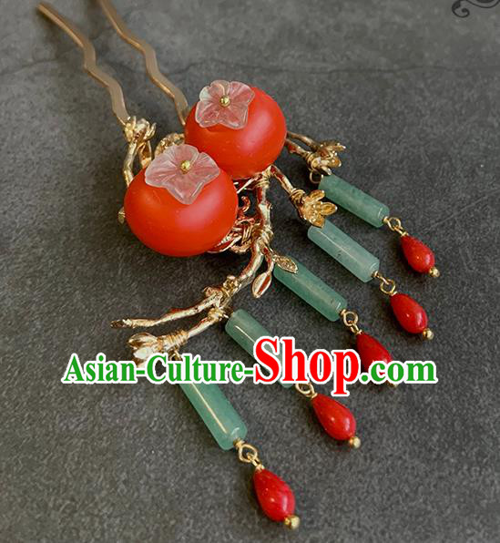 China Traditional Ming Dynasty Princess Tassel Hair Stick Handmade New Year Red Persimmon Hairpin