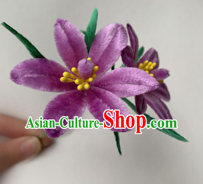 China Classical Violet Velvet Flowers Hairpin Ancient Traditional Qing Dynasty Court Woman Hair Stick