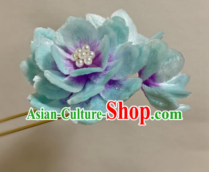 China Classical Blue Velvet Peony Hairpin Ancient Traditional Qing Dynasty Princess Hair Stick
