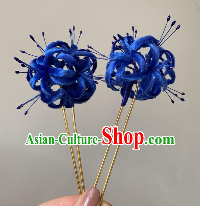 China Classical Blue Velvet Manjusaka Hairpin Traditional Qing Dynasty Accessories Hair Stick