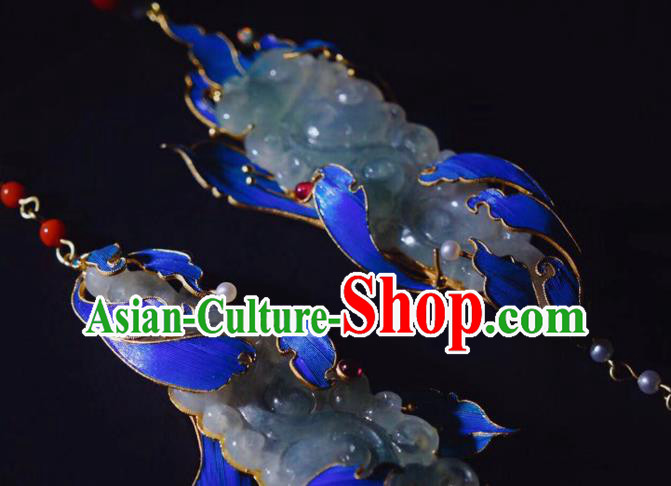 Chinese Ancient Qing Dynasty Blueing Ear Accessories Traditional Culture Jewelry Jade Earrings