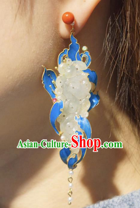 Chinese Ancient Qing Dynasty Blueing Ear Accessories Traditional Culture Jewelry Jade Earrings
