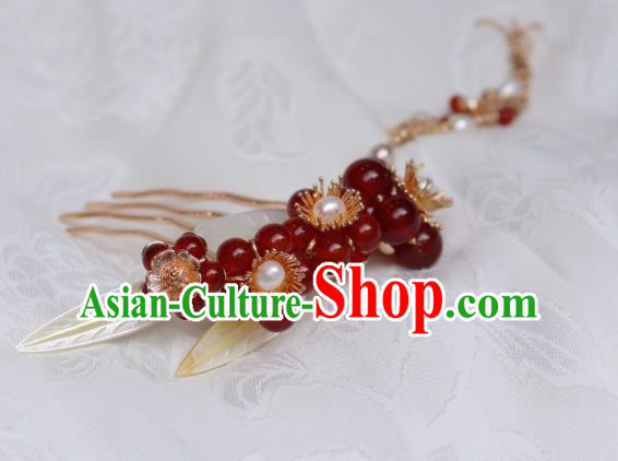 China Traditional Ming Dynasty Princess Red Plum Hair Comb Classical Hanfu Tassel Hairpin